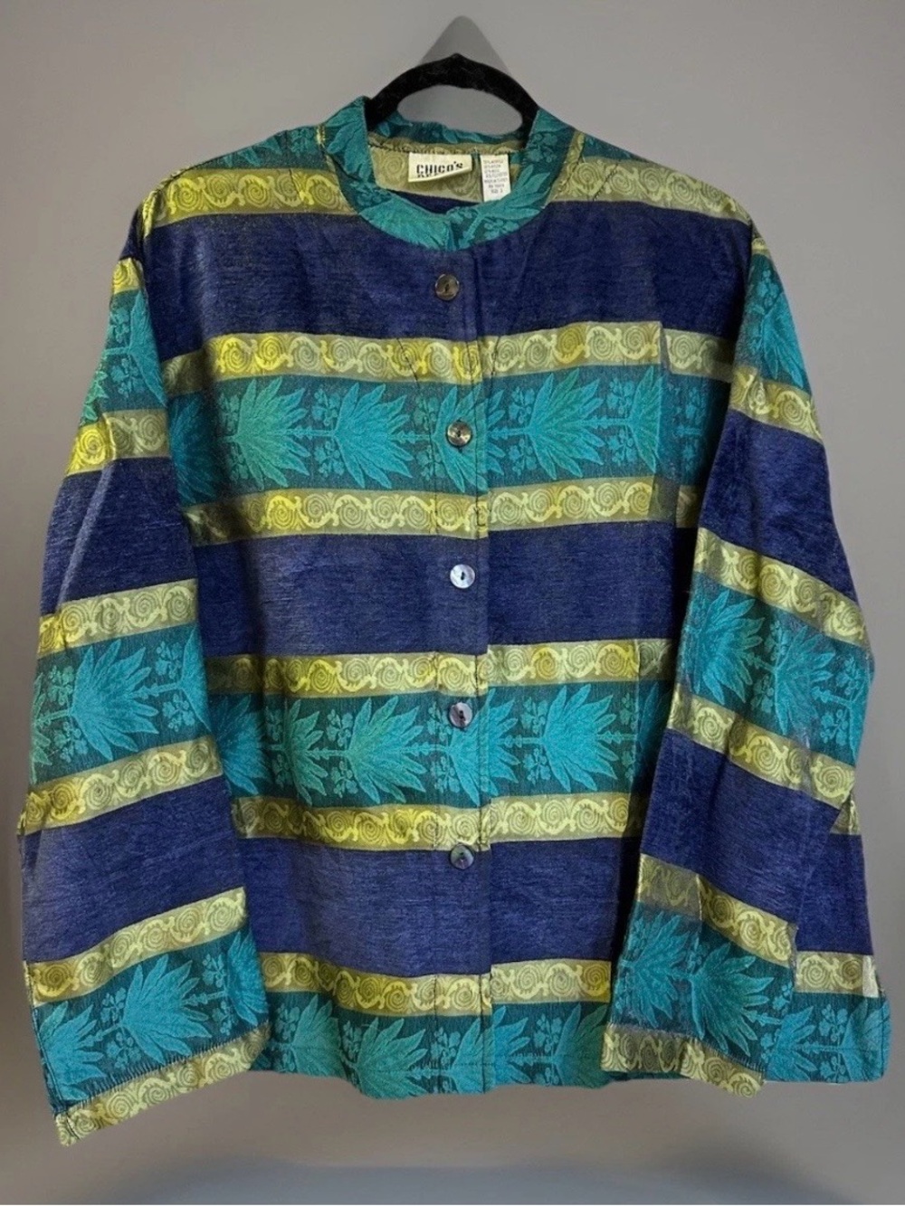 CHICOS DESIGN Wool Blend Indigo, Teal, Green Gold Striped JKT Size 3 (L-XL) EU